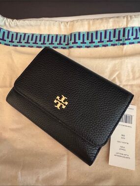 Tory Burch Black Pebbled Leather Trifold Wallet with Gold Logo